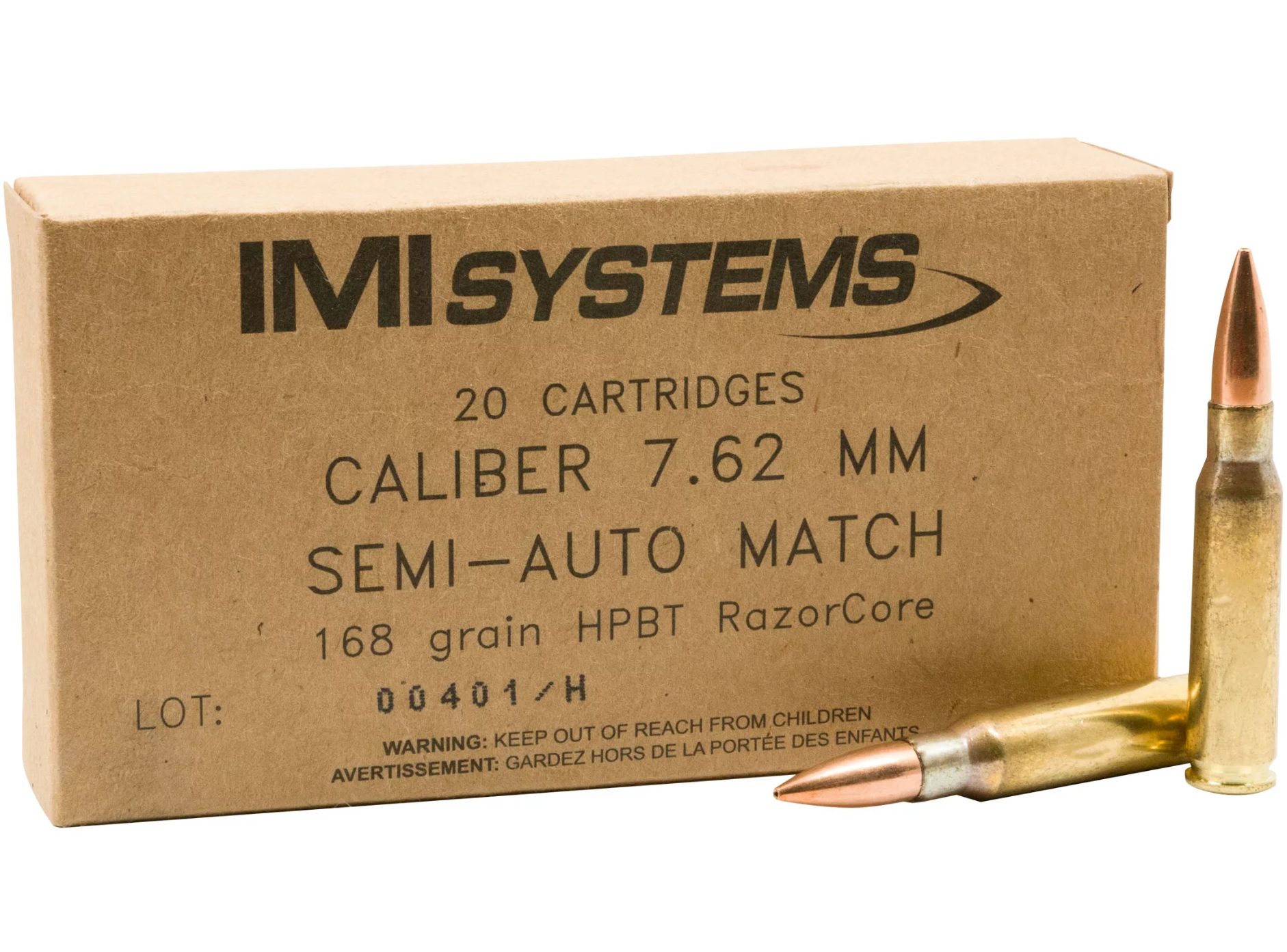 IMI-1 - IMI Systems-manufactured ammunition uses Sierra-manufactured bullets as components. This commercial round carries the same Sierra-manufactured 168-grain 7.62mm bullet as the military M852 round. (MidwayUSA)