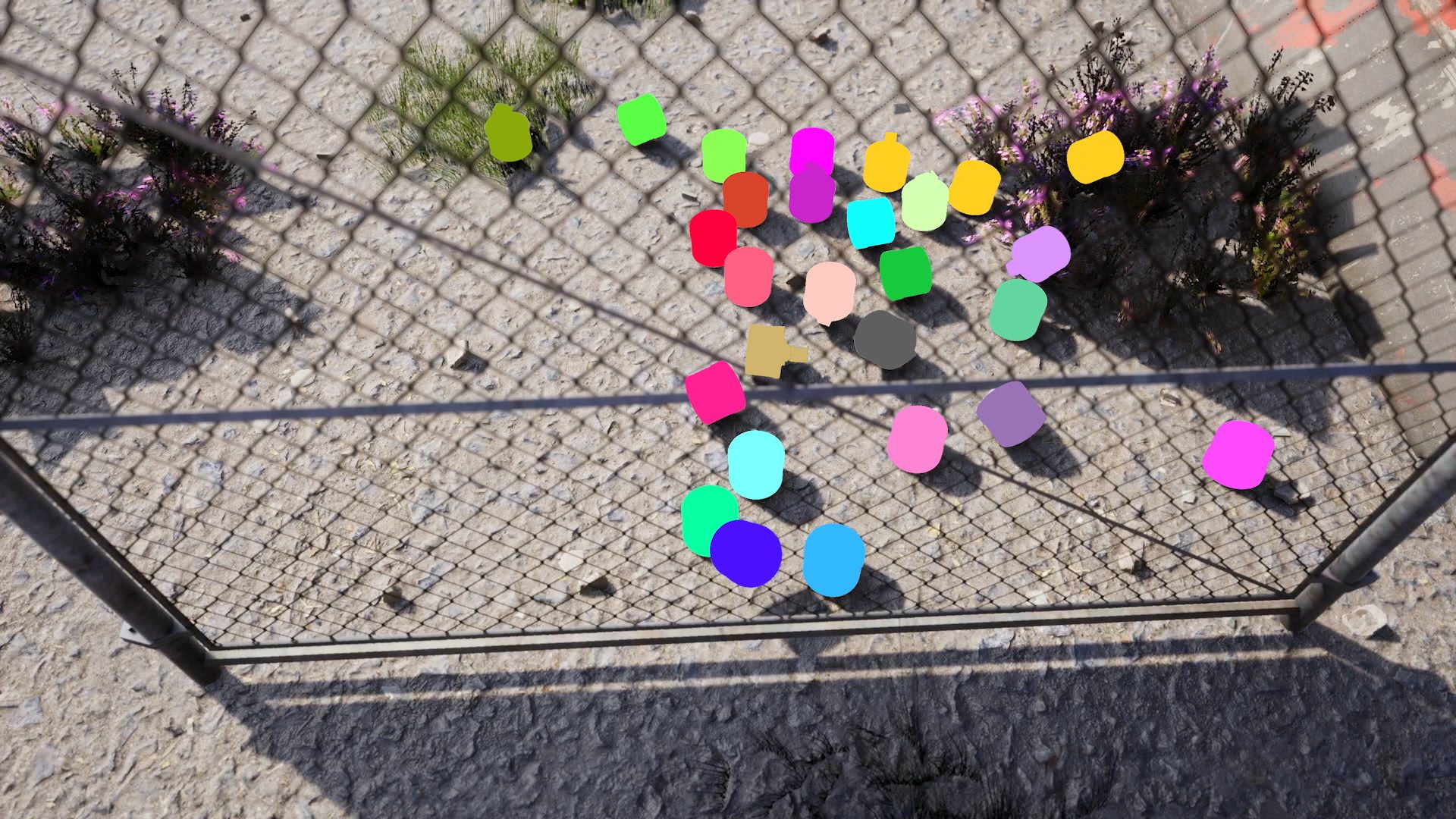 Photorealistic_4 mask - Using Unreal Engine, Forensic Architecture generated thousands of photorealistic 'synthetic' images, situating the Triple-Chaser in approximations of real-world environments.  Coloured 'masks' tell the classifier where in the image the Triple-Chaser grenade exists. (Forensic Architecture/Praxis Films)