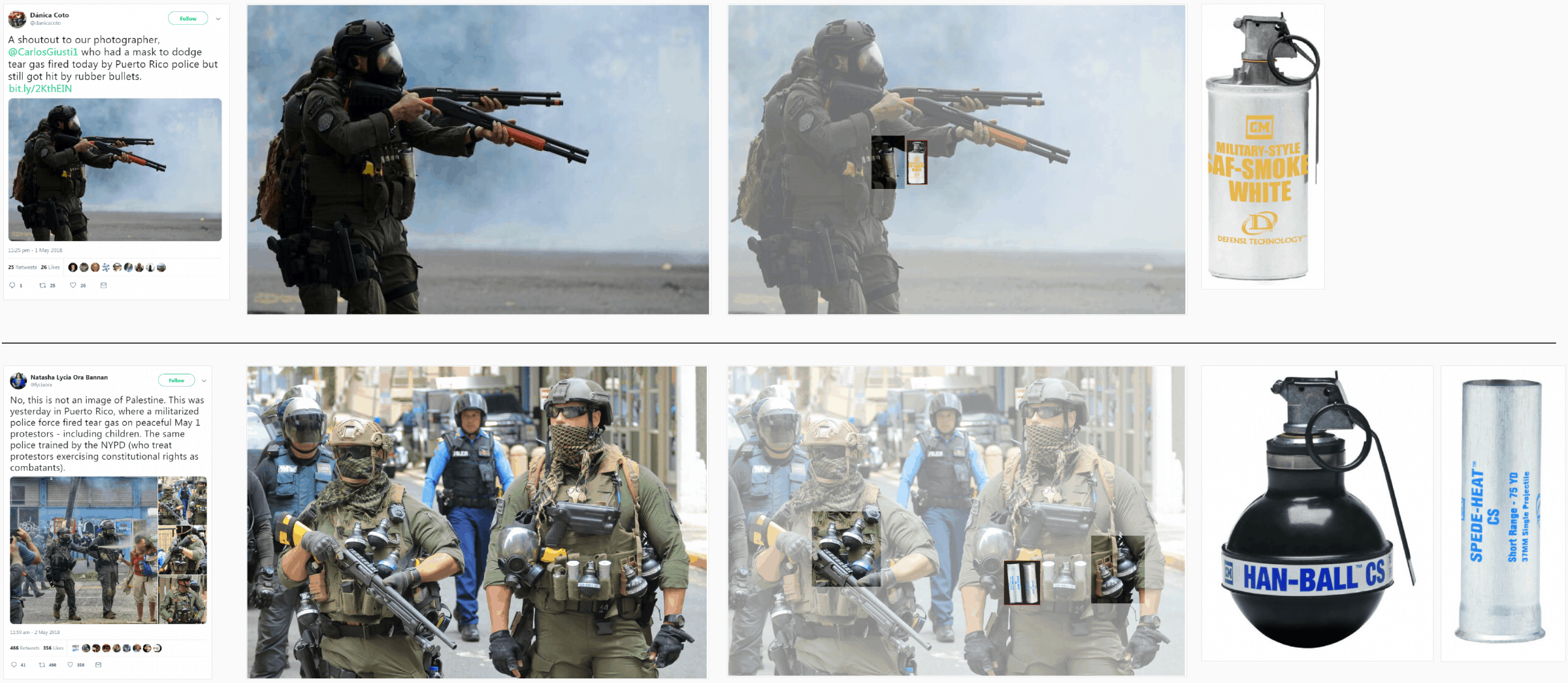 Safariland in PR - Forensic Architecture's research demonstrates the presence and use of Safariland products in Puerto Rico. (Forensic Architecture)