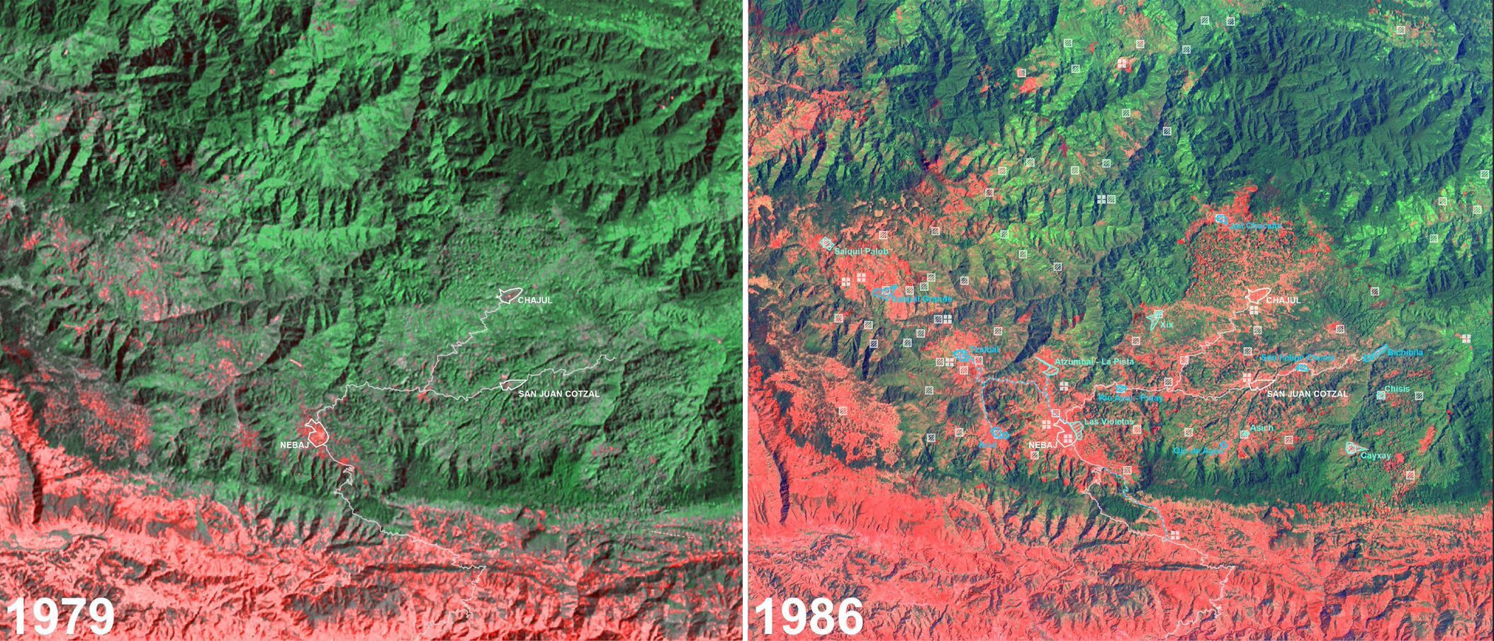 NDVI – 1979 to 1986 - A Normalized Difference Vegetation Index (NDVI) analysis of the environmental transformation of the Ixil region between 1979 and 1986 shows substantial changes to the natural and urban environments in the region. (Forensic Architecture, 2014)