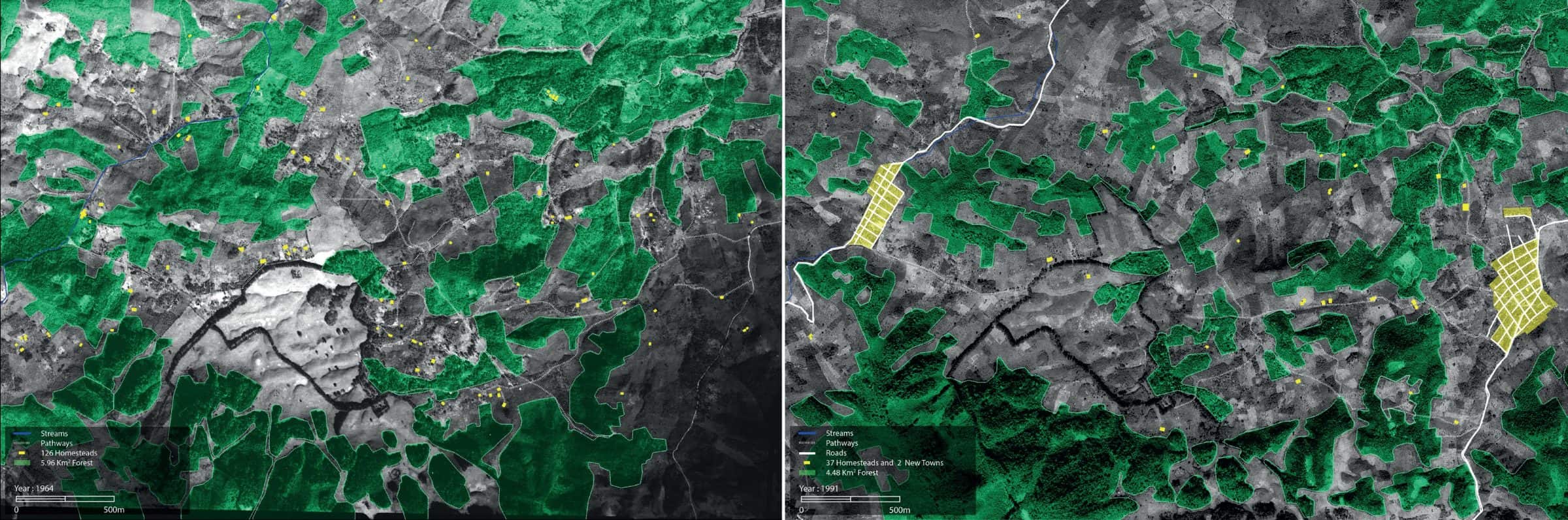 8_compressed - The village of Xolcuay in 1964 (left) and 1991 (right). (Forensic Architecture)