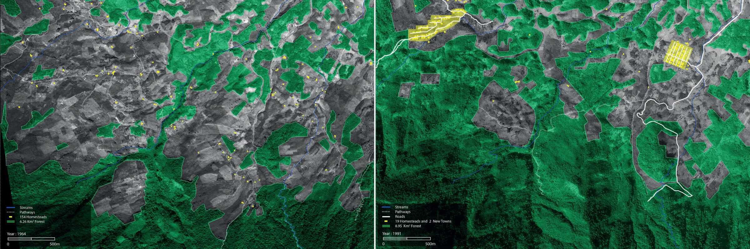 9_compressed - The village of Pexla in 1964 (left) and 1991 (right). (Forensic Architecture)