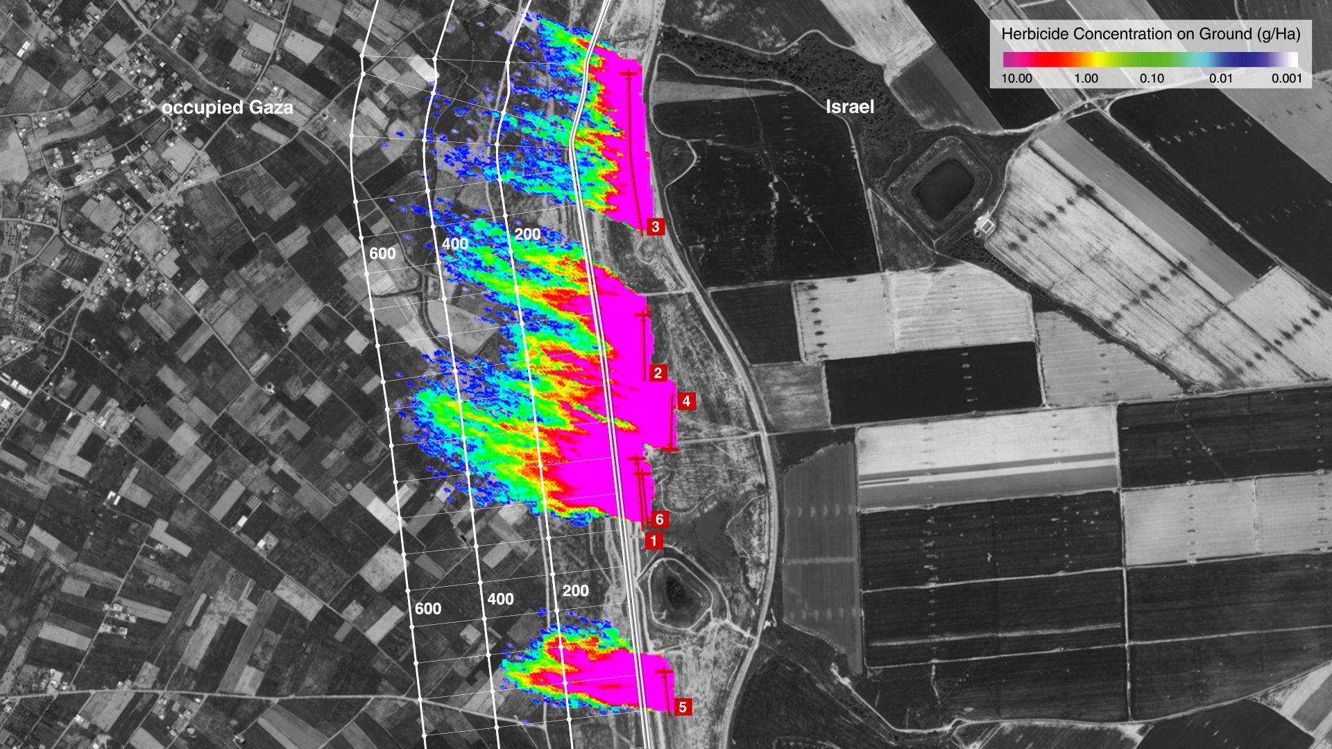 Drift - The results of Forensic Architecture's analysis show the distribution of concentration of herbicide as it travels westward into Gaza. (Forensic Architecture and Dr Salvador Navarro-Martinez)