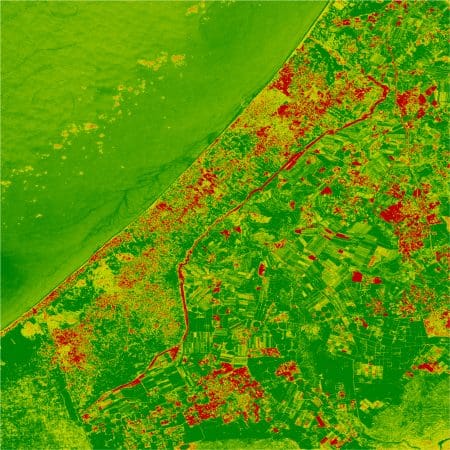 NDVI – 2 - This map displays long-term changes to visual indicators of vegetation health across the Gaza region over the past three decades of Israeli occupation. Red indicates areas in which vegetation was completely eradicated. Vegetated areas that have degraded over time are shown across a gradient from yellow to red in order to illustrate the severity of degradation over time. Areas that have become greener over time are shown across a gradient of light to dark green and occur mainly on the Israeli side of the perimeter. (Corey Scher)