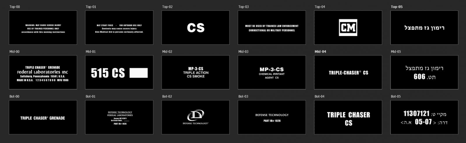 Triple Chaser Brandings - Different brandings of the Triple Chaser appear on the canister in different locations. (Forensic Architecture)