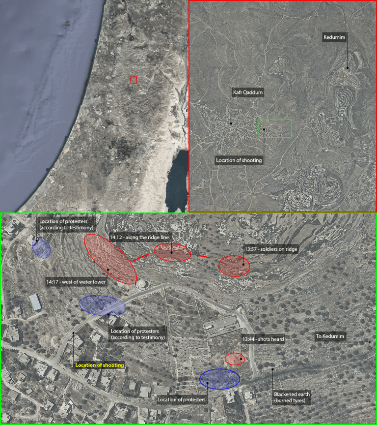 National-scale location - The location of the village of Kafr Qaddum, in the occupied West Bank, and the illegal Israeli colony of Kedumim. (Forensic Architecture)