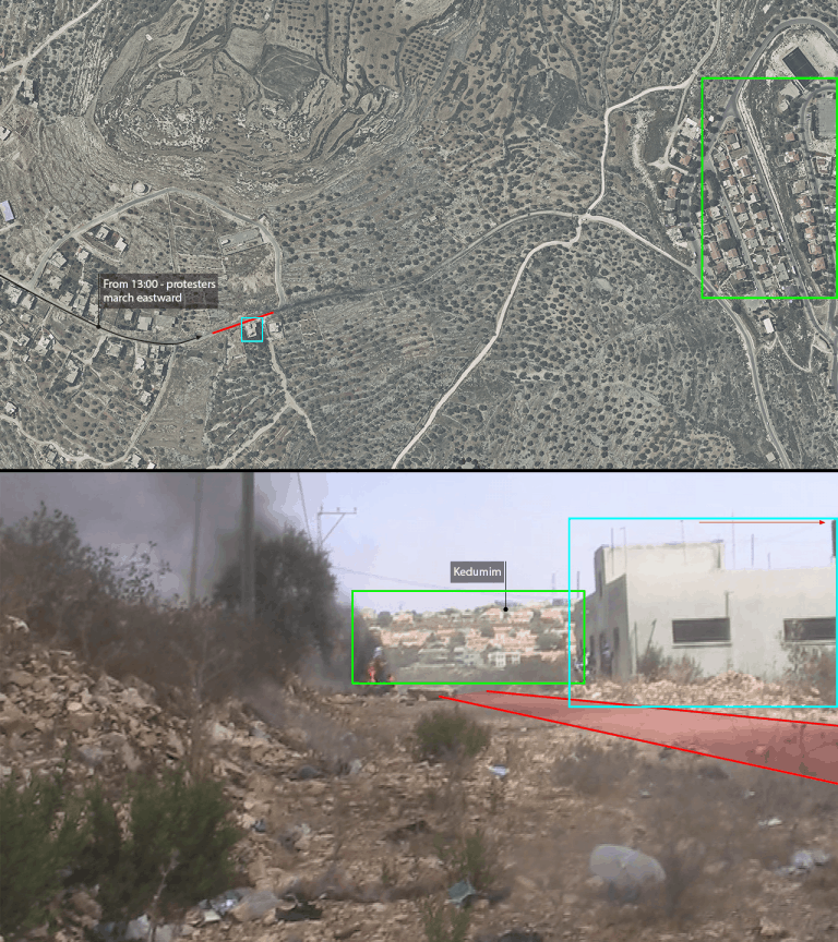 Geolocation – 1 - The first recorded moment at which live ammunition is captured by video material in east Kafr Qaddum is geolocated. (Forensic Architecture)