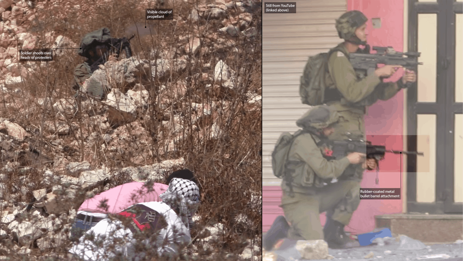 Geolocation – 2a - An Israeli soldier shoots live ammunition over the head of protesters in Kafr Qaddum. Comparison to a known case of the use of rubber-coated metal bullets (right), proves the use of live ammunition. (Forensic Architecture)