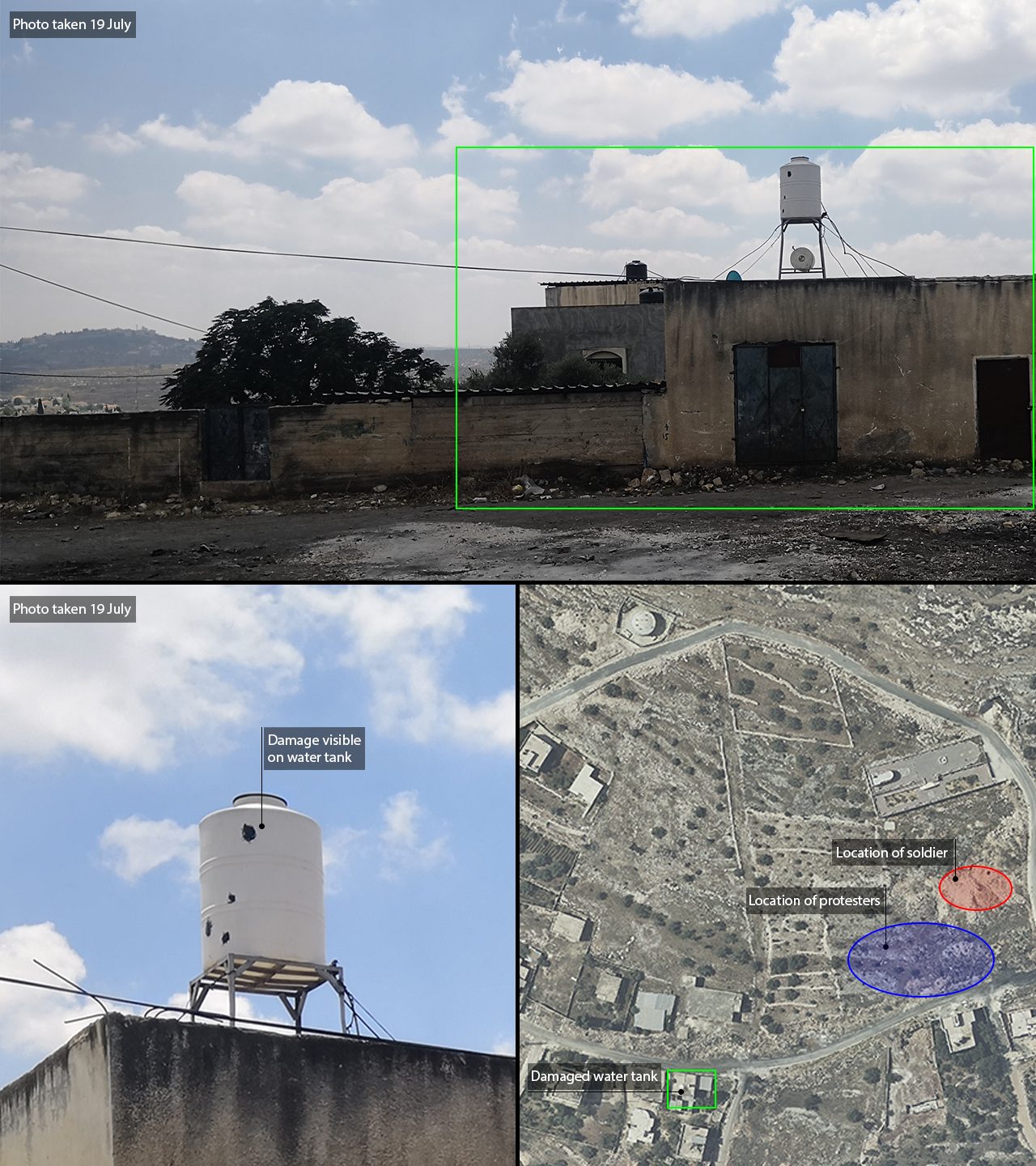 Geolocation – 2b - Damage to a water tank in east Kafr Qaddum, sustained as a result of live gunfire on 12 July 2019, is visible in photographs taken on 19 July. (Forensic Architecture)