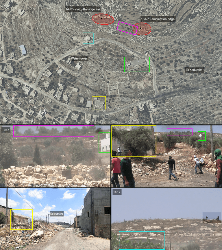 Geolocation – 3 - The movement of Israeli soldiers along the ridge line north of the eastern end of Kafr Qaddum is geolocated according to natural and man-made landmarks. (Forensic Architecture)