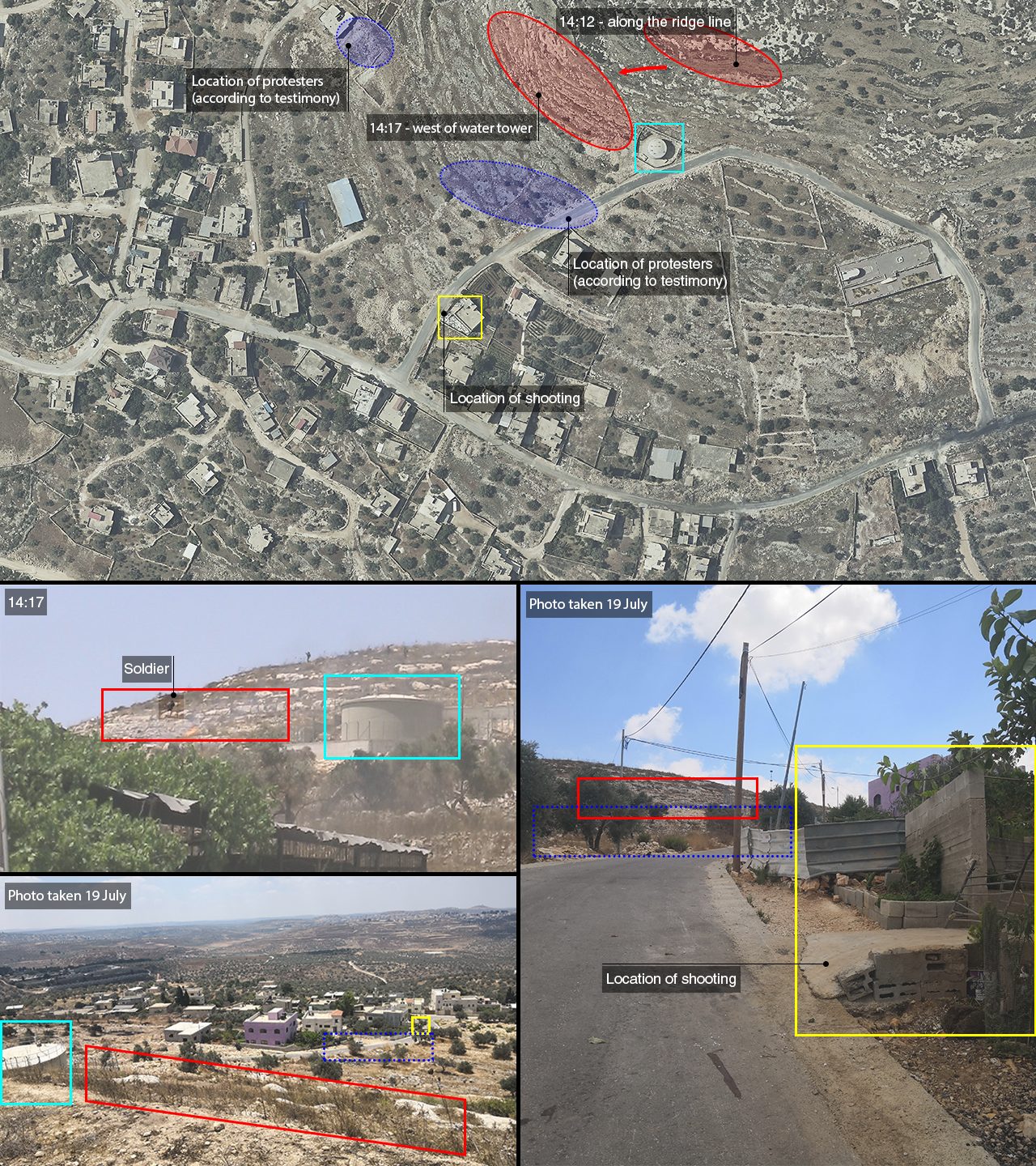 Geolocation – 4 - After 14:12, in the minutes leading up to the shooting of Abd el-Rahman Yasir Shatawi, Israeli soldiers moved west along the ridge above east Kafr Qaddum. (Forensic Architecture)