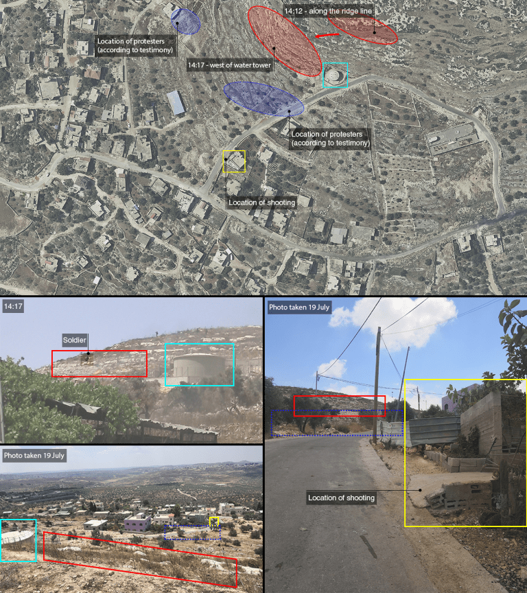Geolocation – 4 - After 14:12, in the minutes leading up to the shooting of Abd el-Rahman Yasir Shatawi, Israeli soldiers moved west along the ridge above east Kafr Qaddum. (Forensic Architecture)