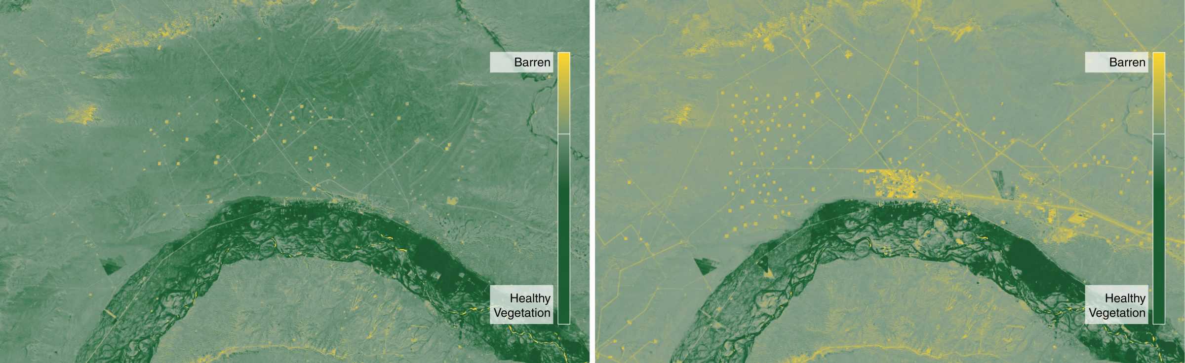 NDVI 2013-19 - Two side-by-side Normalized Difference Vegetation Index (NDVI) analyses show densities of vegetation in the region around Añelo, Vaca Muerta, in 2013 and 2019. (Forensic Architecture)