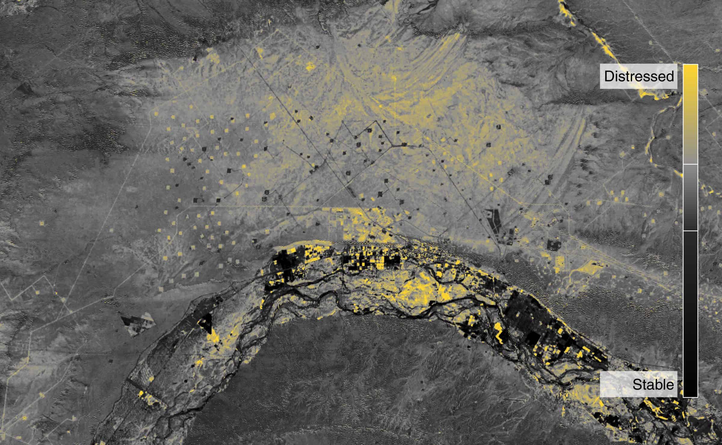 NDVI Difference 2013-2019 - Normalised Difference Vegetation Index (NDVI) analysis of the region surrounding the town of Añelo, in Vaca Muerta. (Forensic Architecture)