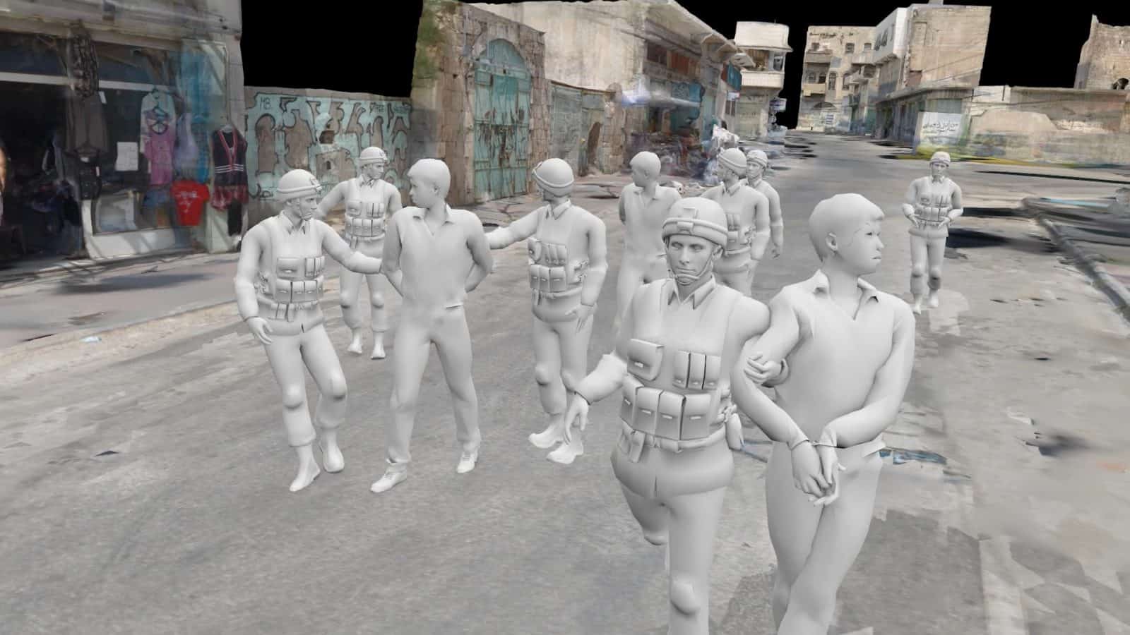 Placement of Solders and Civilians, 3D Model, Hebron - The 3D model allowed for the placement of soldiers and civilians based on activist footage of the event, which was cross-referenced against the virtual testimonies of the witnesses. (Forensic Architecture / Breaking the Silence, 2020)