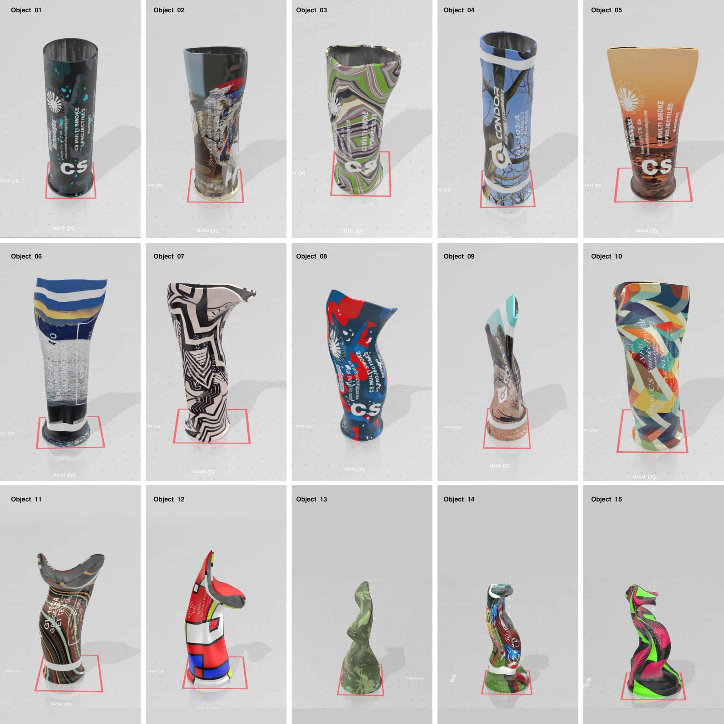 Synthetic Images: Extreme Objects - The team textured their modelled projectiles with random patterns and images. Such “extreme variations” help the classifier better recognise their shape, contours, and edges. (Forensic Architecture, 2020)