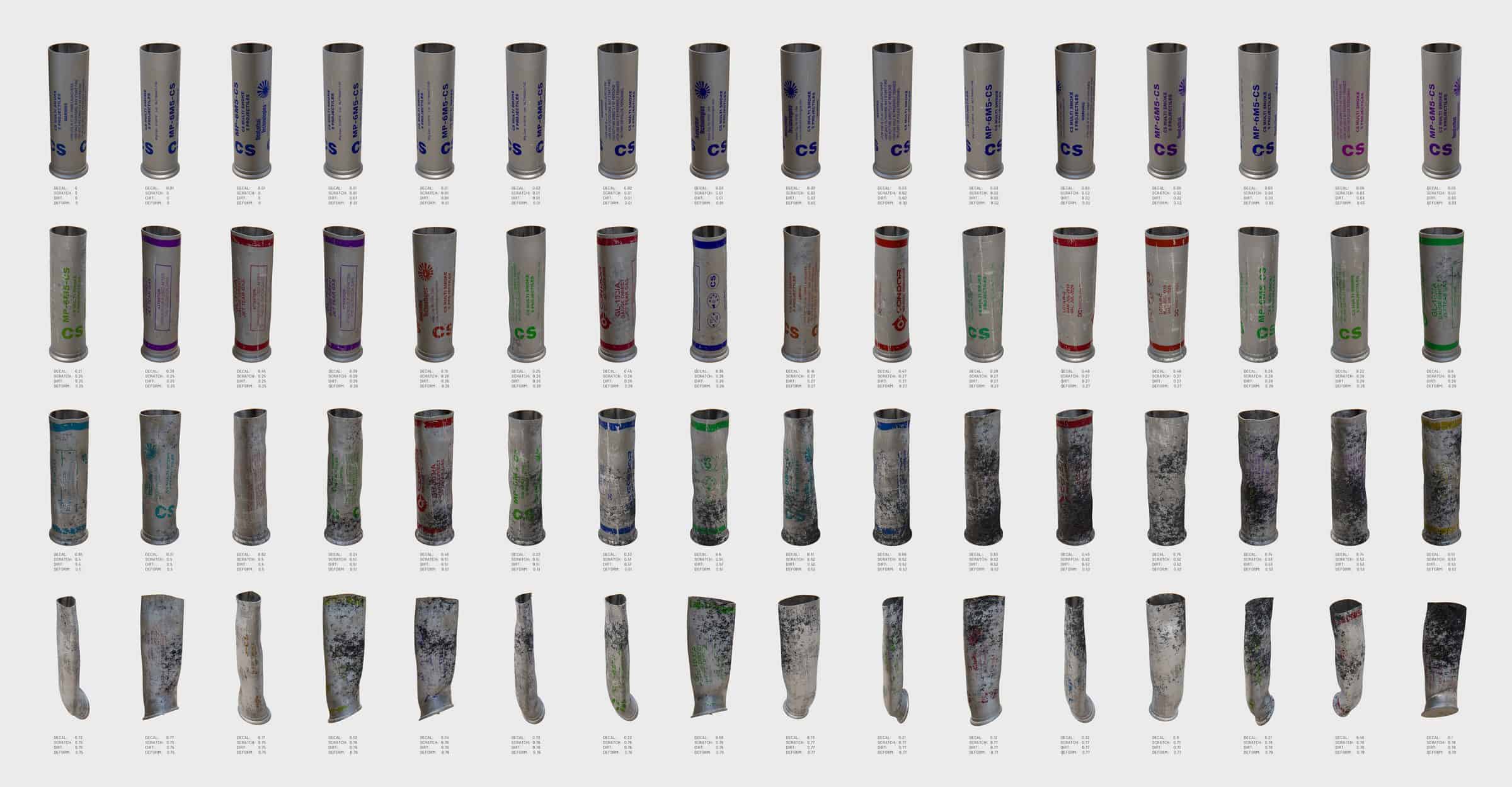 Synthetic Images: Incremental Variation - The 1.4 to 1.5 in. (37 to 40 mm) projectiles are some of the most common tear gas munitions deployed against protesters worldwide. Forensic Architecture is developing techniques to automate the search and identification of such projectiles among a huge number of videos online. The team modelled thousands of commonly found variations of this object, rendered them as images, and used these images as a way to train the machine learning classifier. (Forensic Architecture, 2020)