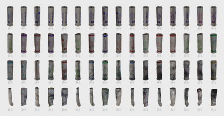 Synthetic Images: Incremental Variation - The 1.4 to 1.5 in. (37 to 40 mm) projectiles are some of the most common tear gas munitions deployed against protesters worldwide. Forensic Architecture is developing techniques to automate the search and identification of such projectiles among a huge number of videos online. The team modelled thousands of commonly found variations of this object, rendered them as images, and used these images as a way to train the machine learning classifier. (Forensic Architecture, 2020)