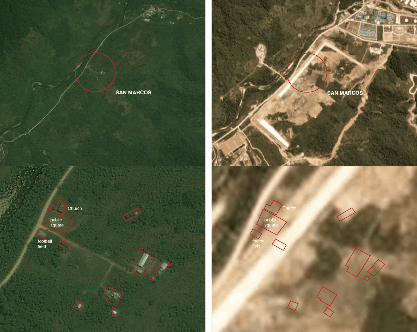 sm_before_after-Expulsions - Before (left) and after (right) satellite view of the village of San Marcos, destroyed in 2015.