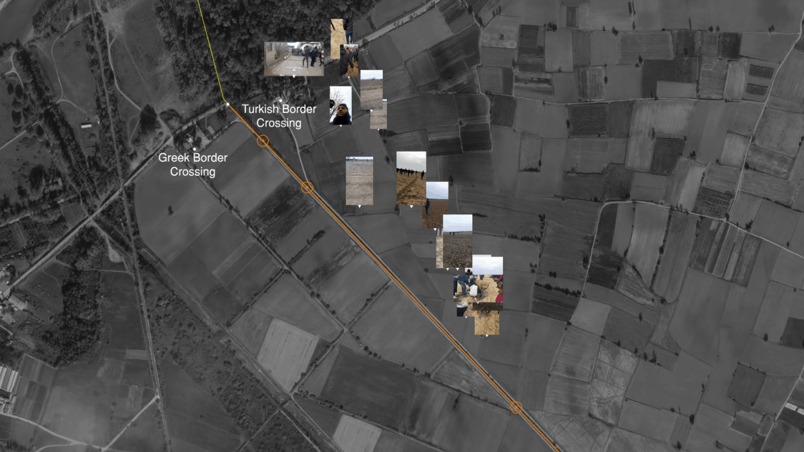 2_Video still map with thumbnails - The videos located on a satellite image of the Kastanies/Pazarkule crossing.