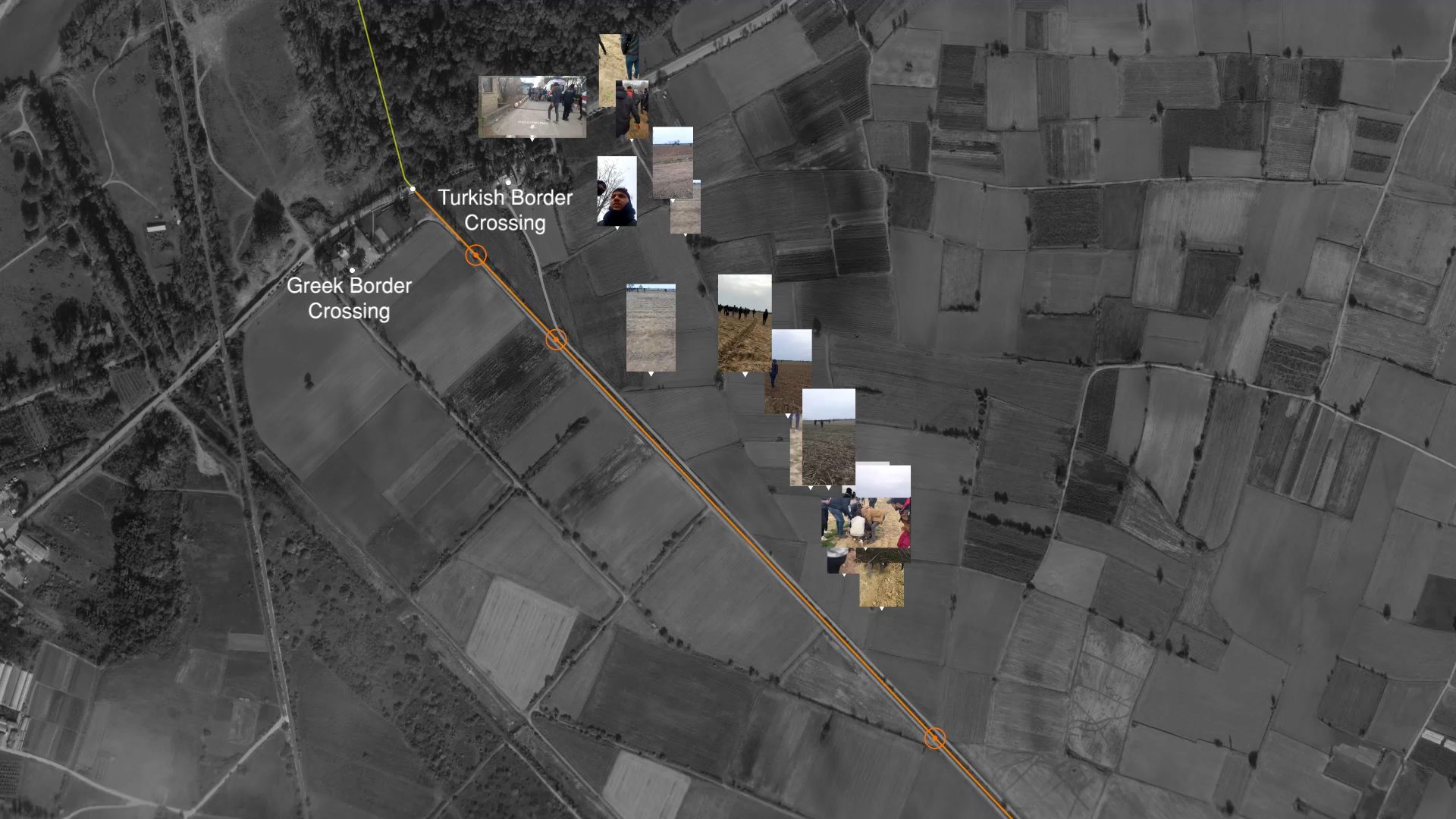 2_Video still map with thumbnails - The videos located on a satellite image of the Kastanies/Pazarkule crossing.