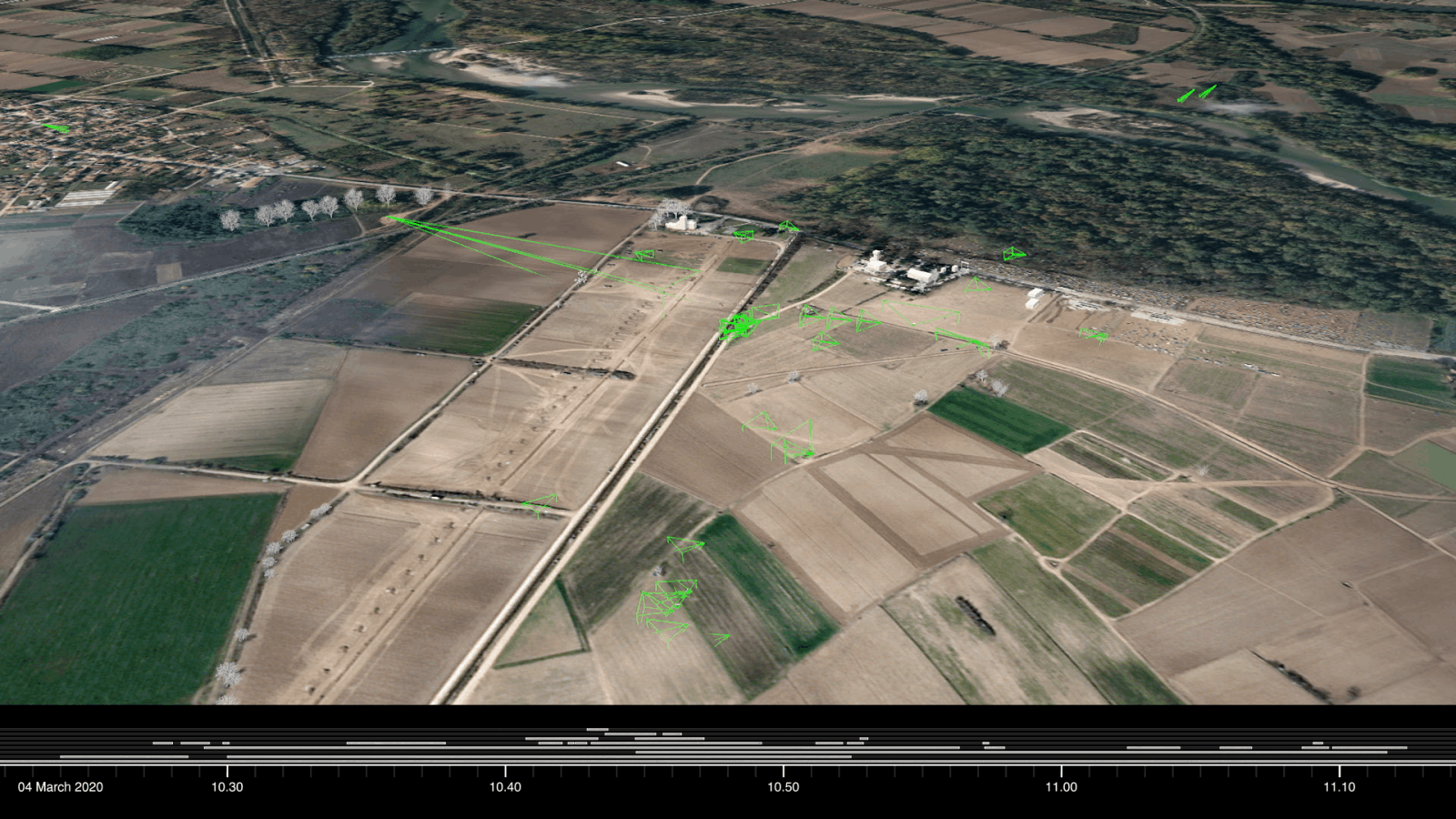 3_Video still with camera cones - The videos geolocated in a 3D model of the Kastanies/Pazarkule crossing.