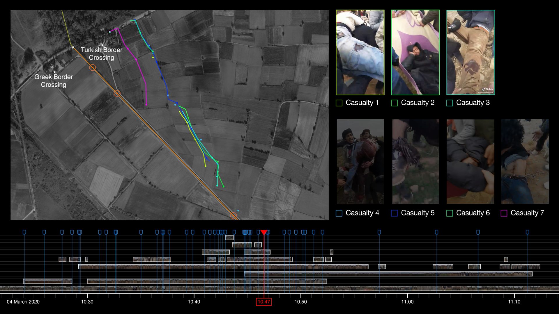 4_Video still with wounded & trajectories - Identification and tracking of casualties based on clothing, injuries, and blankets.