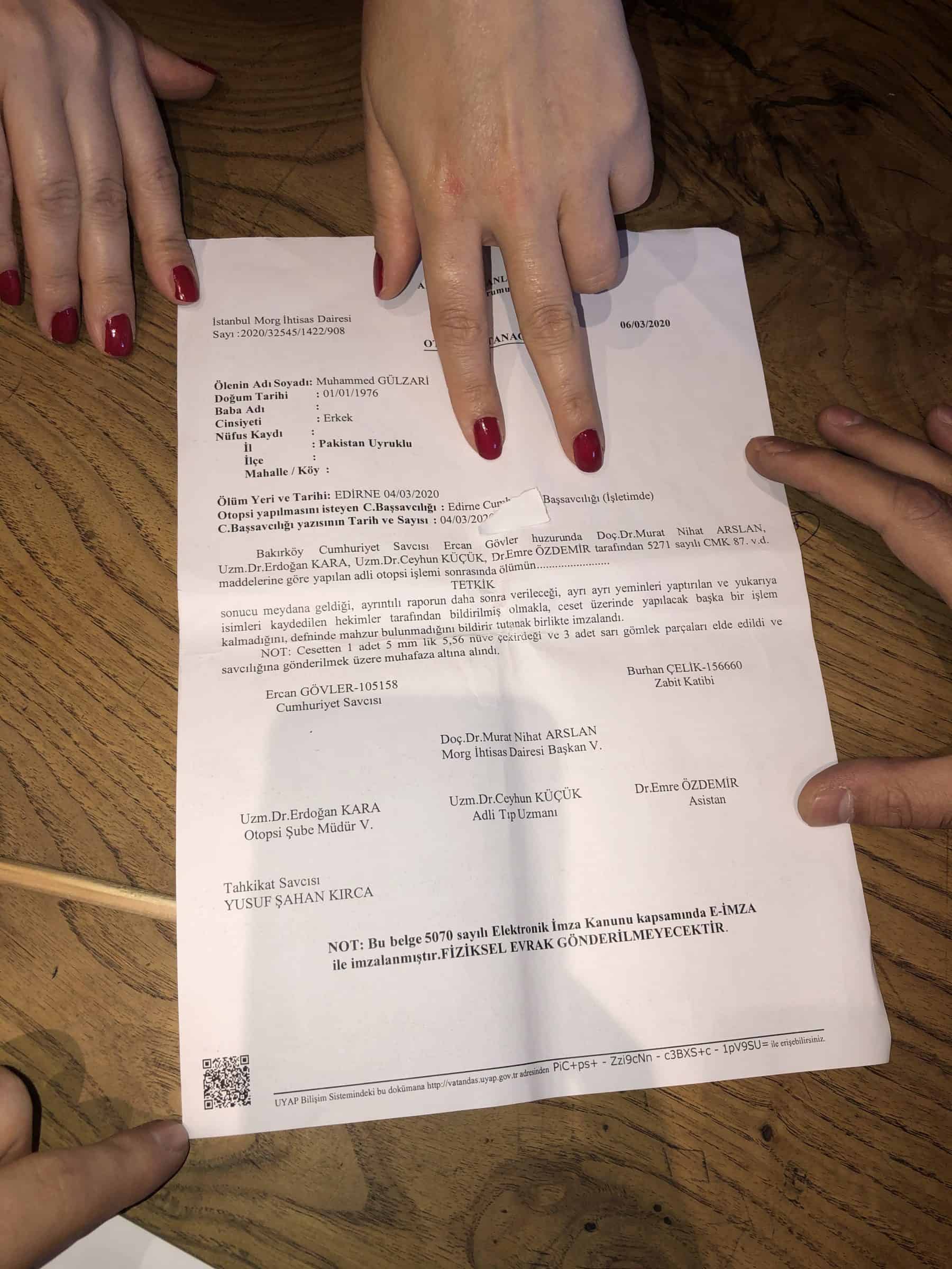 6_Medical document showing calibre - Medical certificate describing the bullet removed from Gulzar’s body. (Source: Institute of Forensic Medicine, Istanbul)