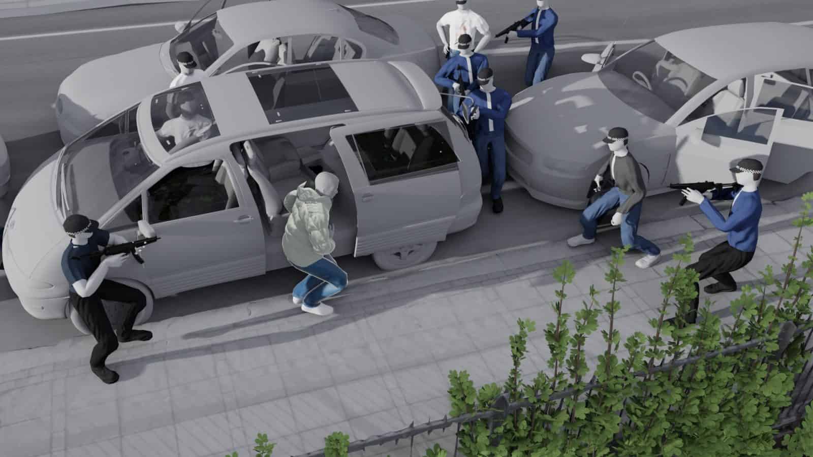 Scene overview - FA's rendering of the moment Duggan steps out of the minicab, surrounded by police officers. (Forensic Architecture)