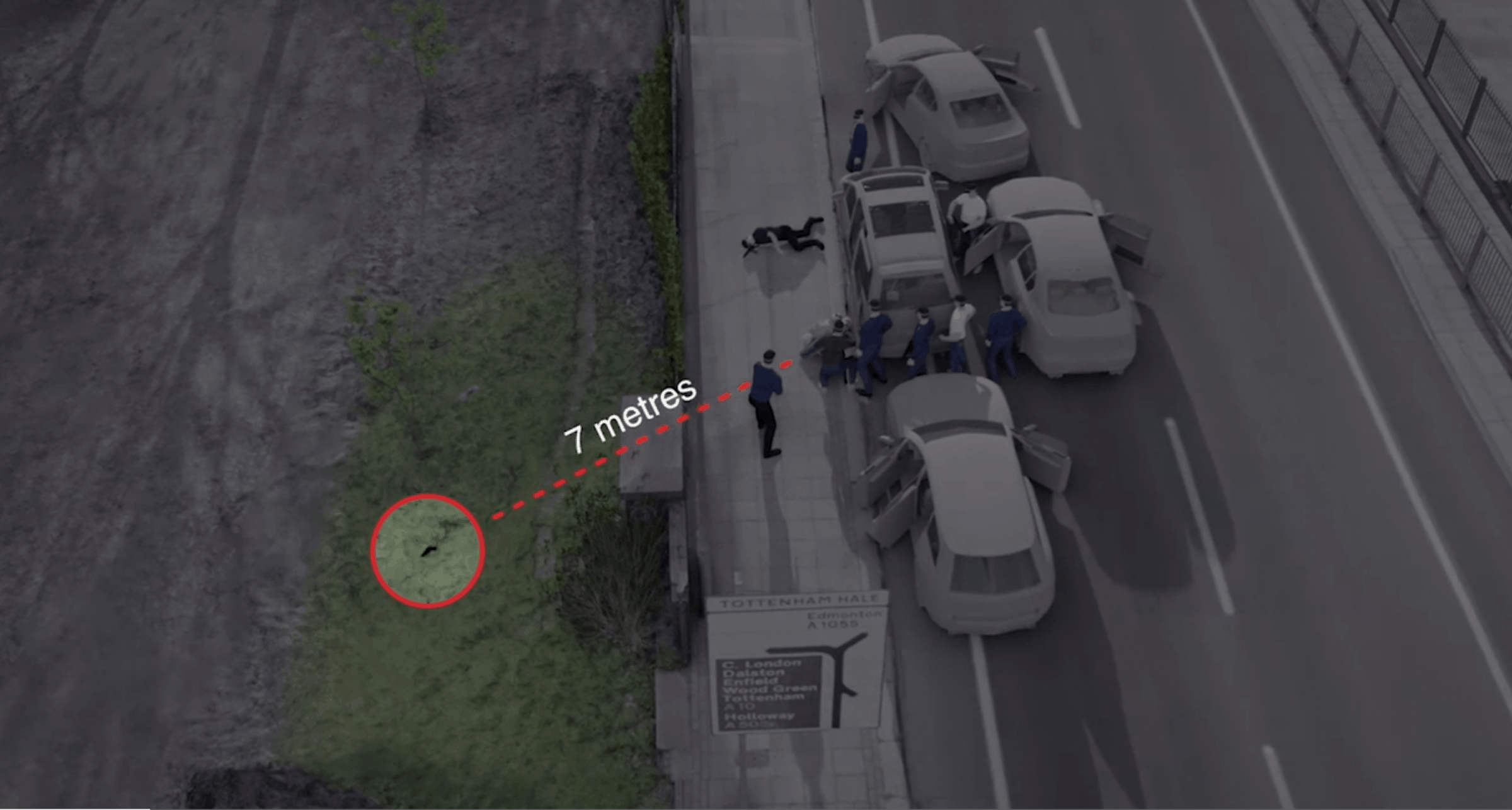 Scene Overview – Seven metres - The gun with which Duggan was reportedly travelling was found here, seven metres away from the location at which he was shot. How did it get there? (Forensic Architecture)