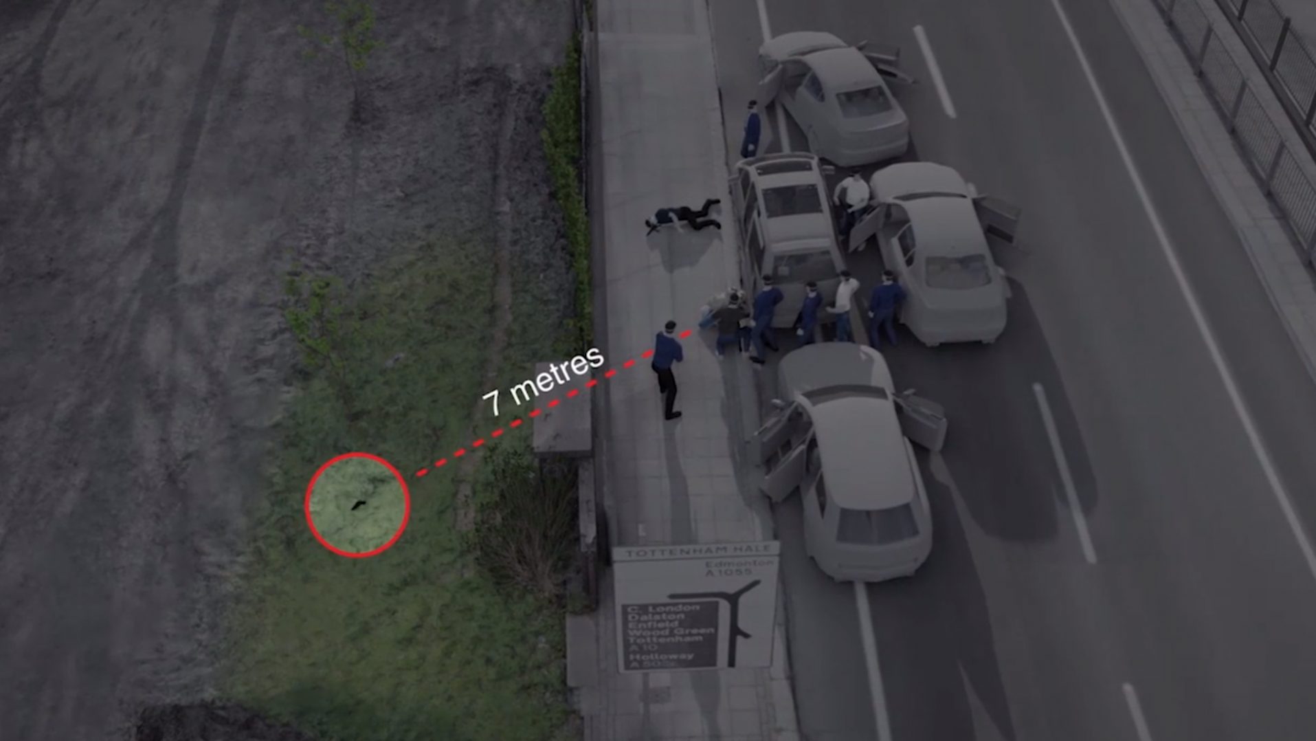Scene Overview – Seven metres - The gun with which Duggan was reportedly travelling was found here, seven metres away from the location at which he was shot. How did it get there? (Forensic Architecture)