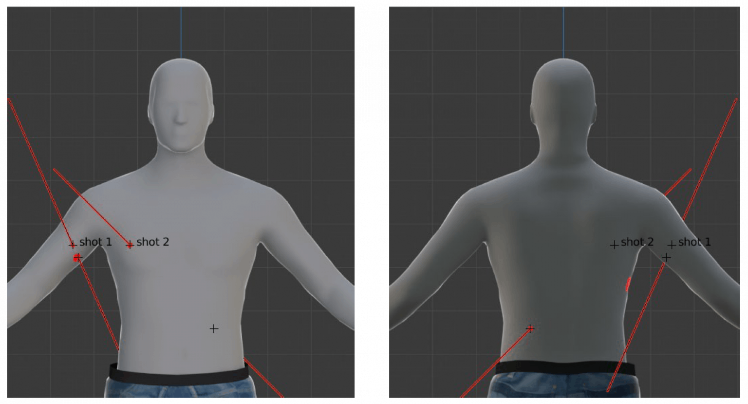 Shot lines - Lines drawn between the entry and exit wounds on Duggan's body produce 'shot lines', which tell us how he would have been positioned at the time of each shot. (Forensic Architecture)