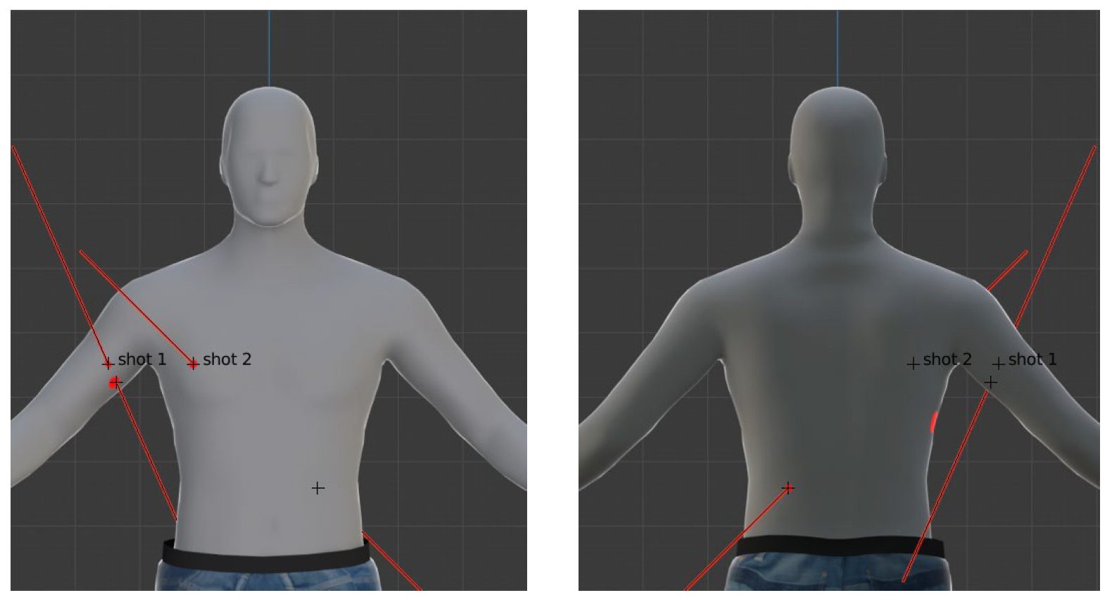 Shot lines - Lines drawn between the entry and exit wounds on Duggan's body produce 'shot lines', which tell us how he would have been positioned at the time of each shot. (Forensic Architecture)