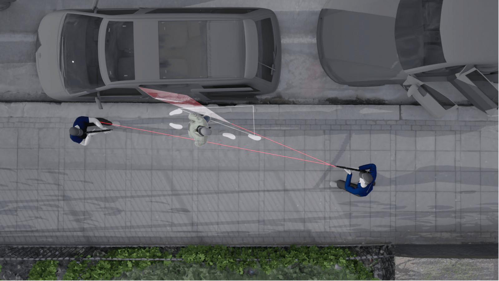 Shots – aerial - The sequence of the two shots, as viewed from above. The first shot line connects V53, Duggan, and W42. The second connects V53, Duggan, and the rear door of the minicab, through which the second bullet passed. Duggan's movements are plotted in white. (Forensic Architecture)