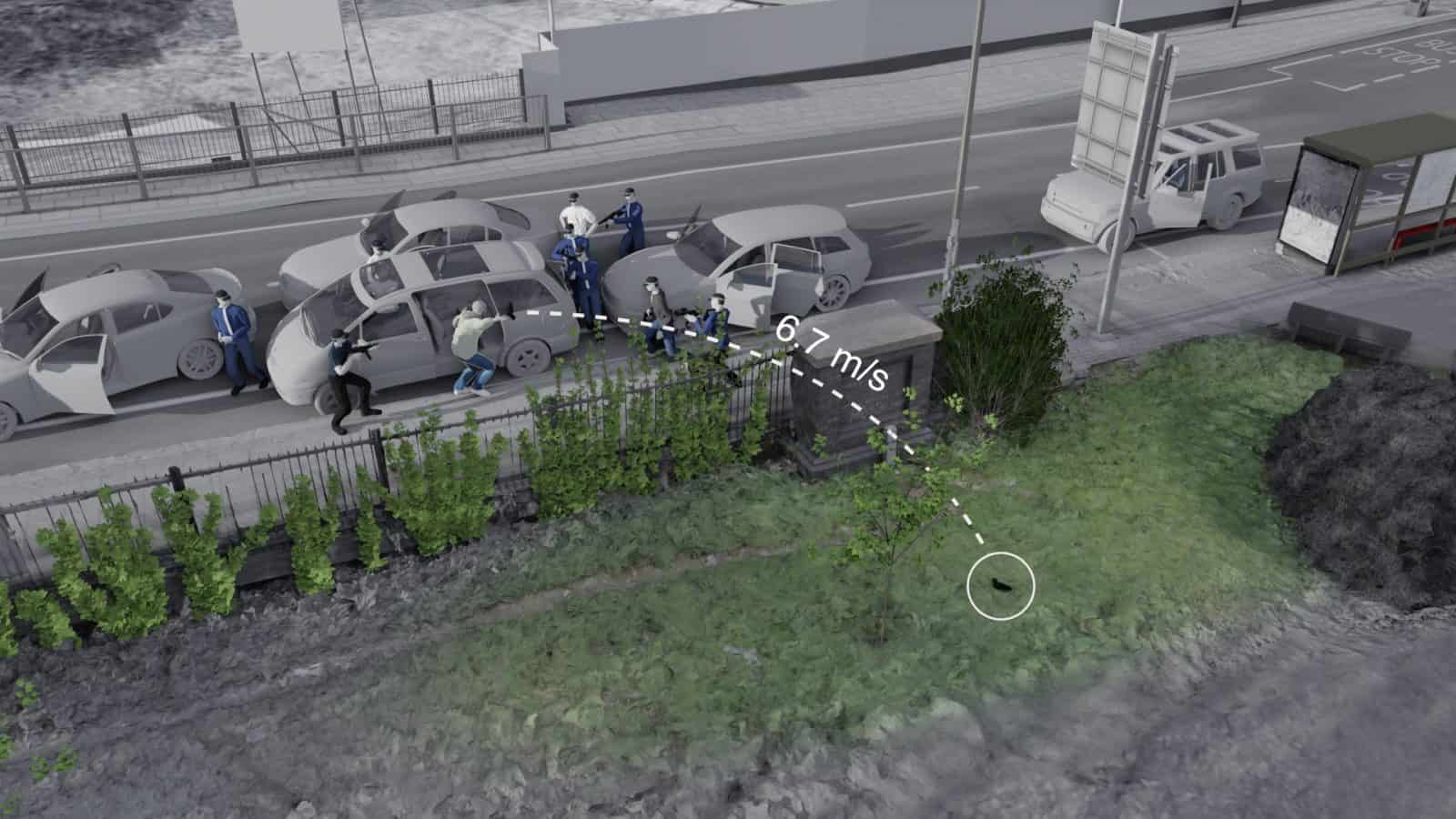 The required throw - Biomechanics experts told us that to travel that far, the gun would have to be thrown at 6.7m/s, at an angle of around 31-40 degrees. (Forensic Architecture)