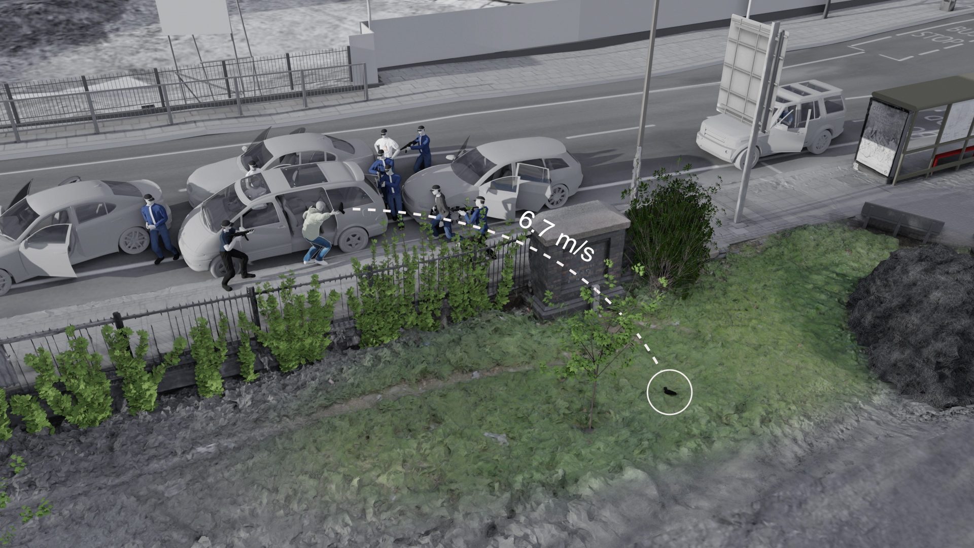 The required throw - Biomechanics experts told us that to travel that far, the gun would have to be thrown at 6.7m/s, at an angle of around 31-40 degrees. (Forensic Architecture)
