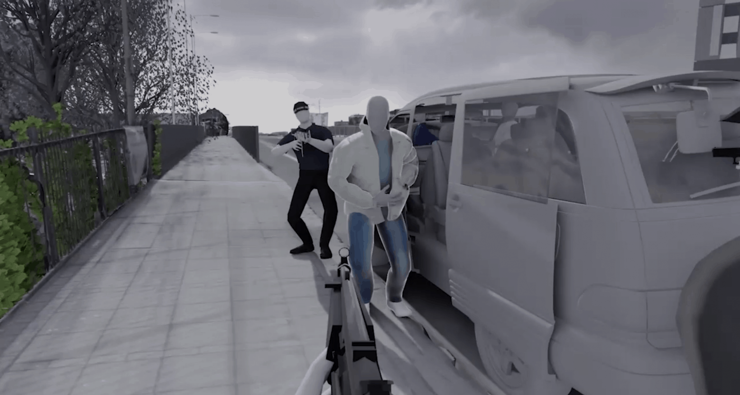 V53 perspective - Within our model, we place the camera at V53's location. If Duggan made a large, sweeping motion with his right hand, could V53 have missed it? (Forensic Architecture)