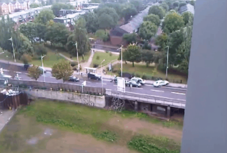Witness B footage - A still from Witness B's footage. The police cars, surrounding the minicab, are visible across Ferry Lane. The gun was found over the hedge, on the green. (BBC)