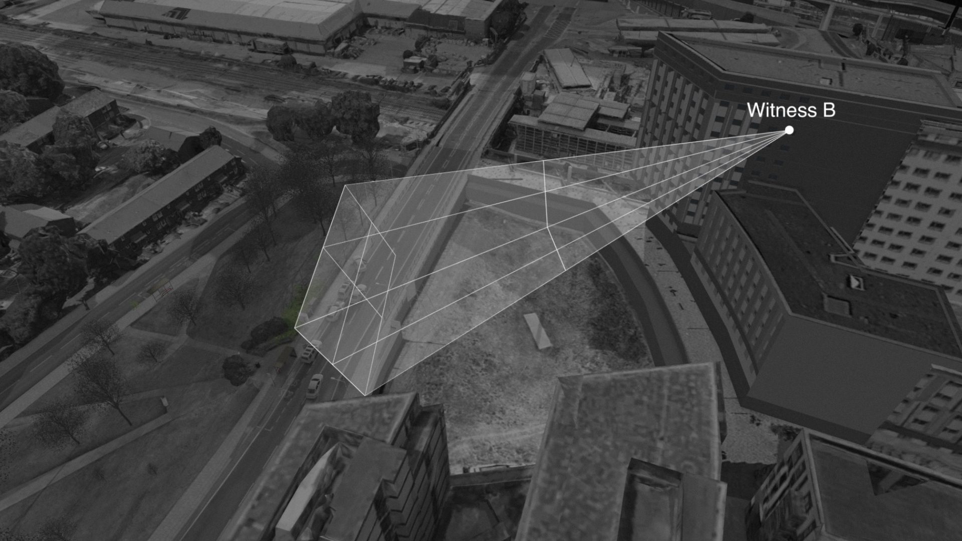 Witness B position - The aftermath of the scene was filmed from a nearby residential block, by an individual known as Witness B. (Forensic Architecture)
