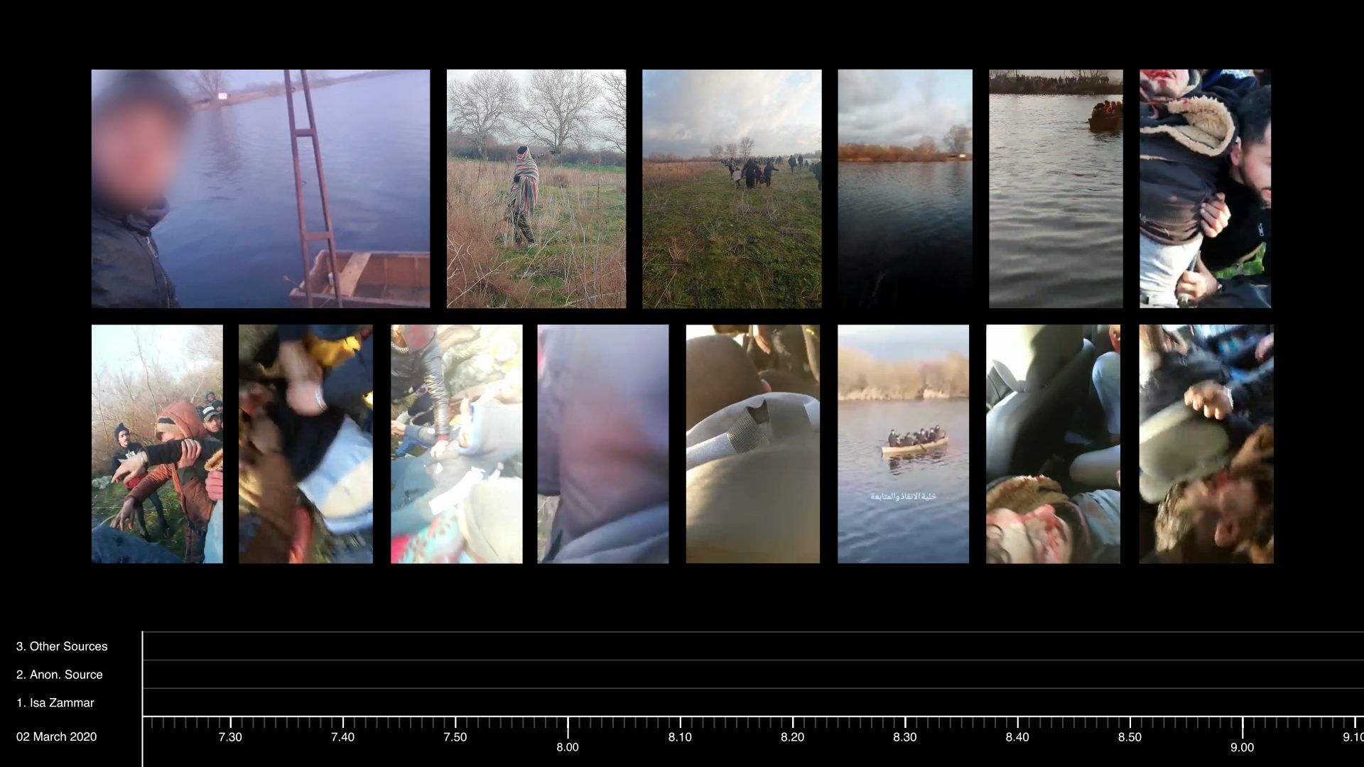 Video still with videos as tiles - Videos from March 2nd collected through OSINT analysis.