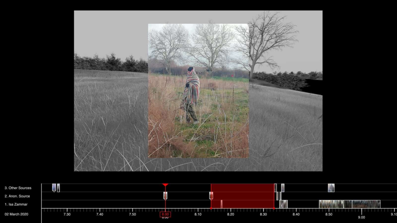 3D transition with photomatch over trees - A photo showing a group of Greek soldiers in the background, perspective-matched onto a 3D model of the border area.