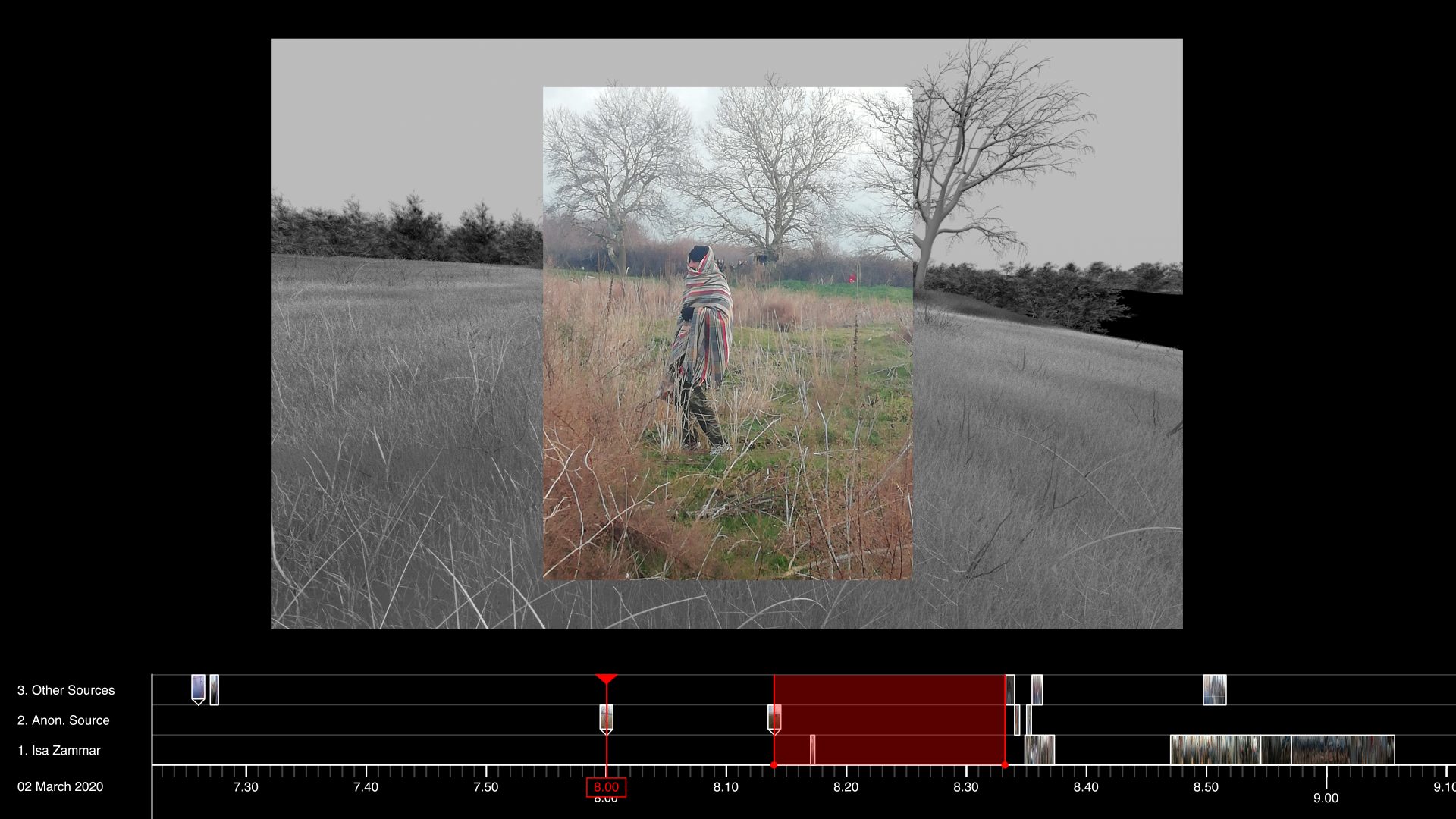 3D transition with photomatch over trees - A photo showing a group of Greek soldiers in the background, perspective-matched onto a 3D model of the border area.