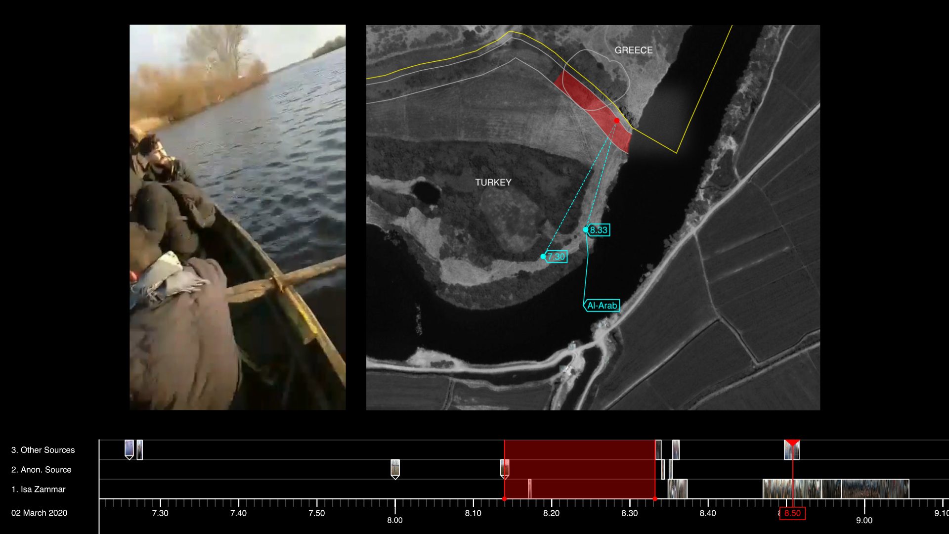 Map of al-Arab’s trajectory, split screen with boat rowing - Mapping of Muhammad al-Arab’s trajectory, before, during, and after his wounding.