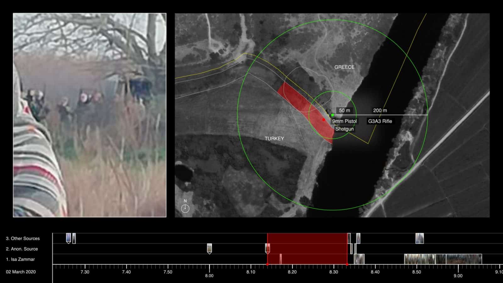 Image of Greek soldiers with range - A group of Greek soldiers standing on the border, metres away from the location where al-Arab was shot.