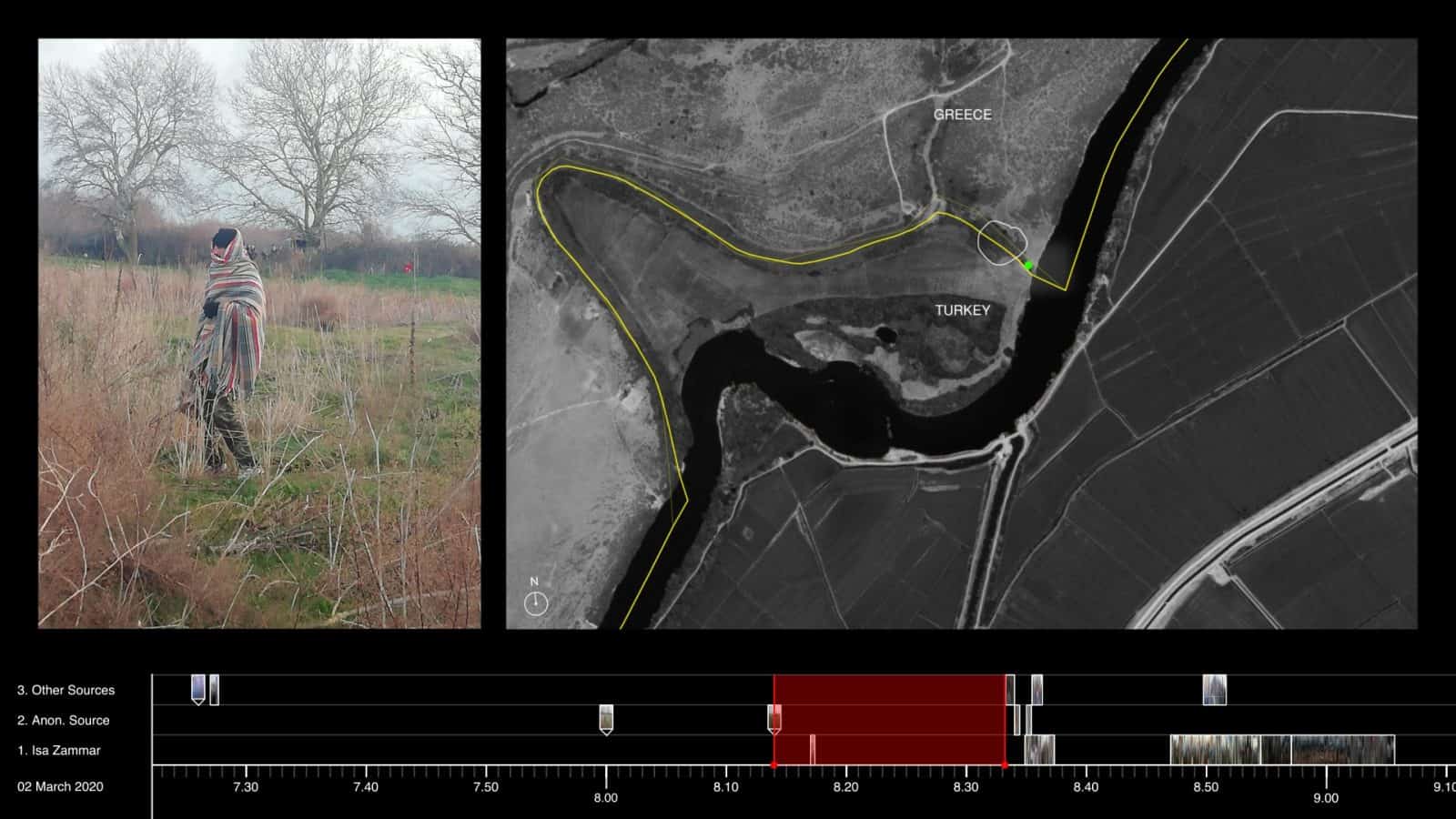 Accurate border line mapped onto a satellite image - The accurate border line (yellow, thick) mapped on top of the Google Earth border (yellow, thin).
