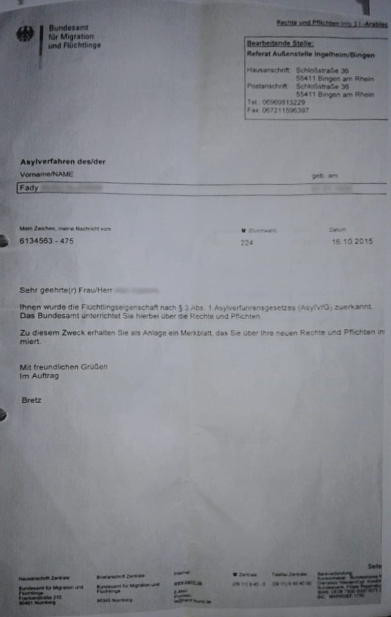 Fady’s Asylum Certificate - Fady's Asylum Certificate, Germany, 2015