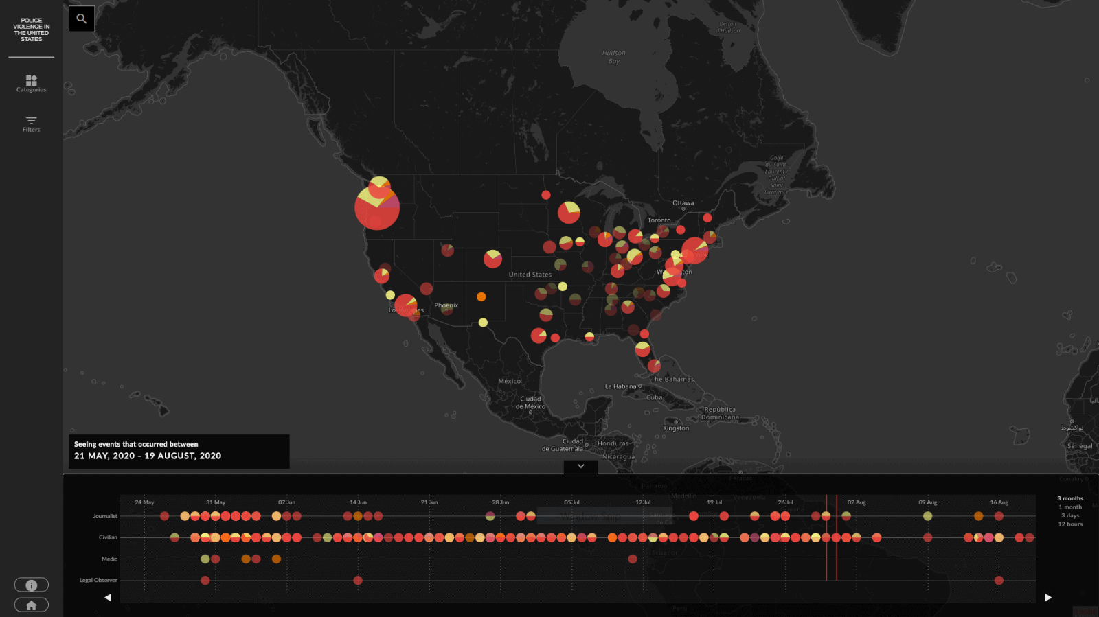 Platform – 2 - Selecting multiple filters lets a user compare violations across time and space. (Forensic Architecture and Bellingcat)