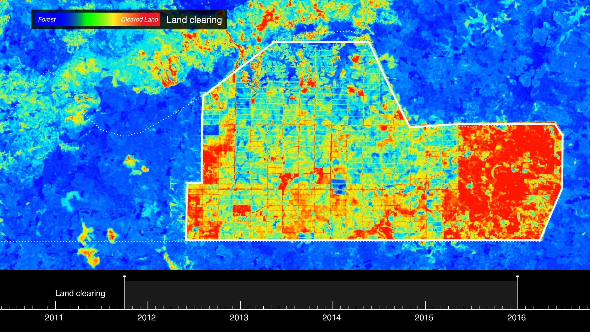2 - Normalised Burn Ratio (NBR) analysis reveal the monthly pattern of land clearing inside this concession.
