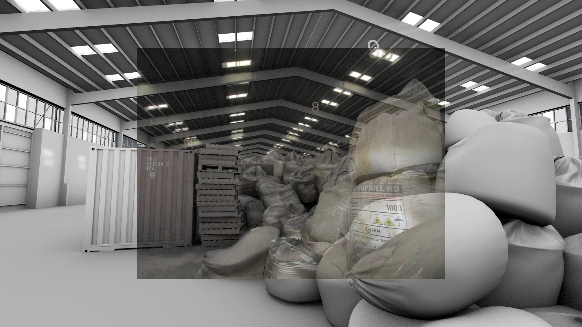 Interior – 1 - Image match of a photograph showing the position of bags of ammonium nitrate within the warehouse overlaid on a 3D model of the warehouse. Original image from anonymous source, January 2020. (Forensic Architecture, 2020)