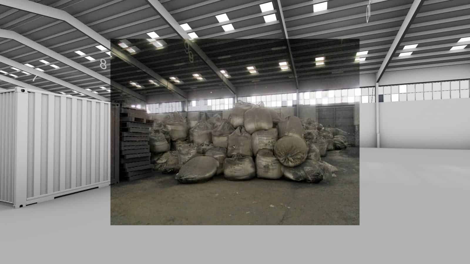 Interior – 2 - Image match of a photograph showing the position of bags of ammonium nitrate within the warehouse overlaid on a 3D model of the warehouse. Original image from anonymous source, January 2020. (Forensic Architecture, 2020)